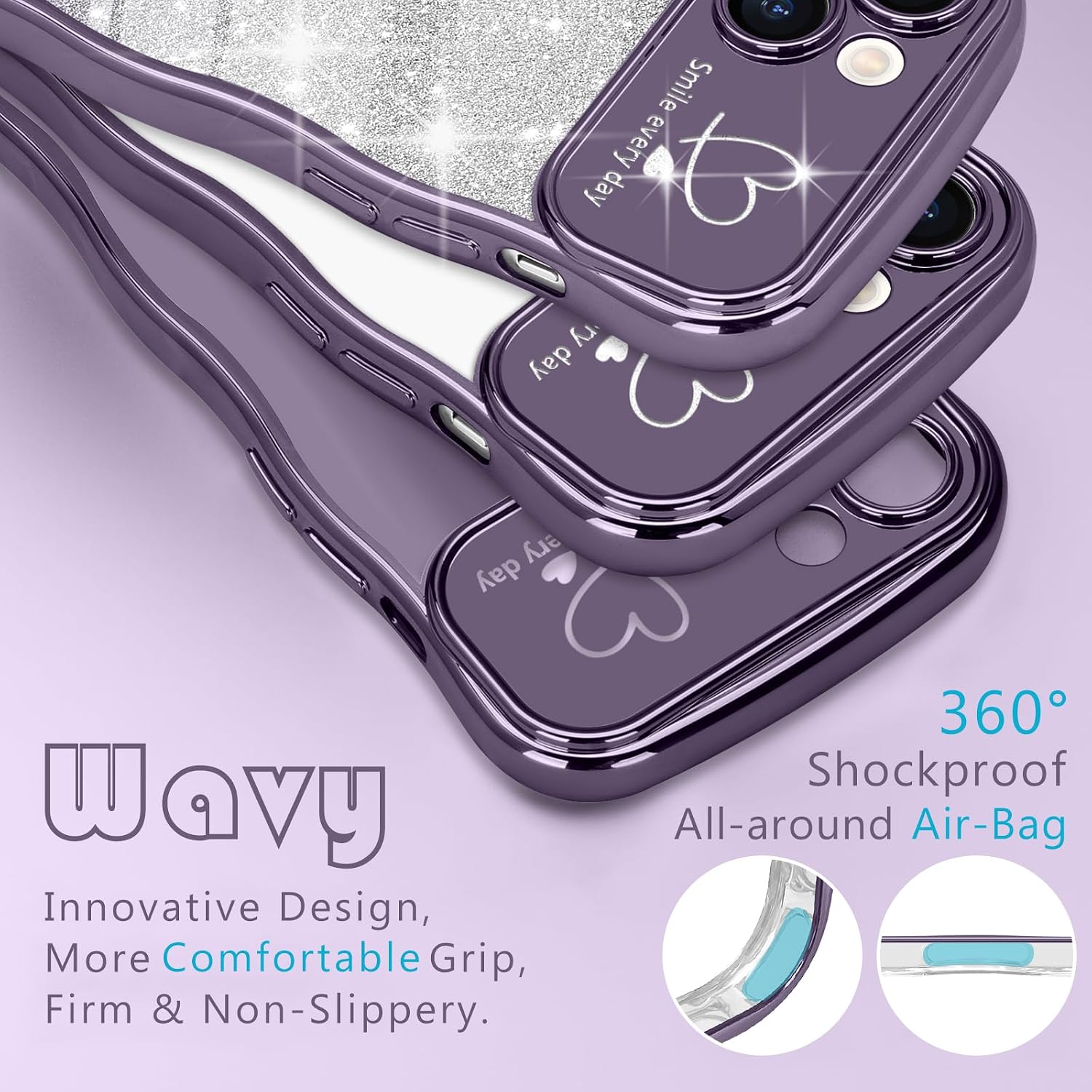  for iPhone 13 Case for Women Girls Cute Curly Wavy Frame, Purple | Love Heart Glitter Bling Sparkly Luxury Elegant Camera Protection Shockproof Cover Clear Wave Phone Case for iPhone 13 6.1" thumbnail