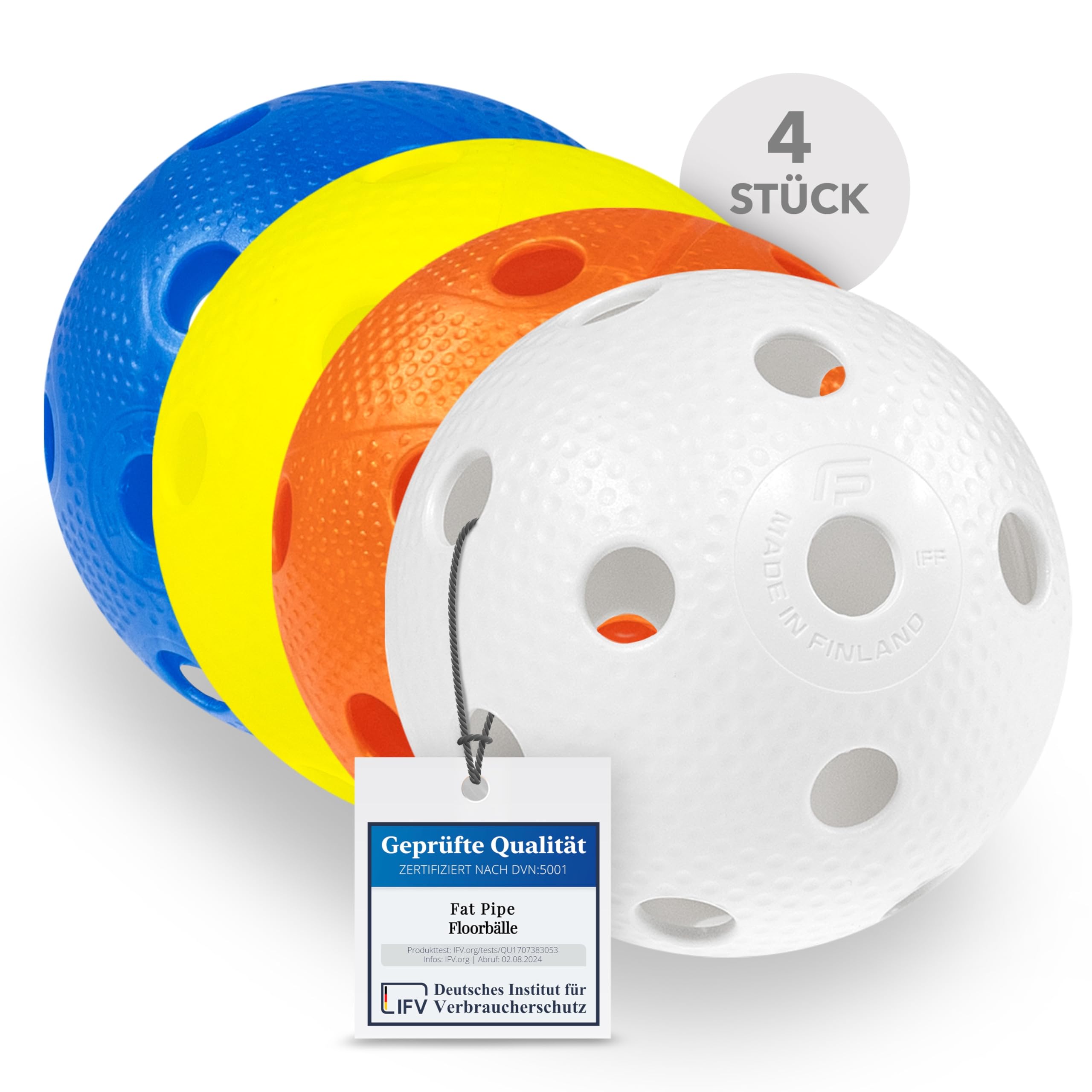Fat Pipe Floorball & Unihockey Ball Set di 4 palline da competizione + palla da allenamento con certificato IFF per qualità testata, Made in Finland