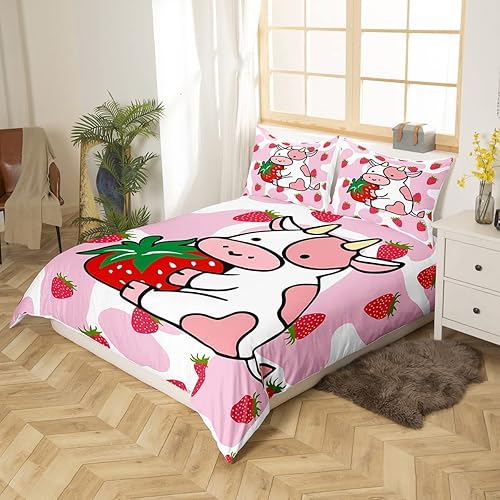 Miniatura 2 de Feelyou Juego de funda de edredón de vaca lechera, rosa y blanco, con estampado de fresa, vaca, para niños, adultos, kawaii, niñas, funda de edredón