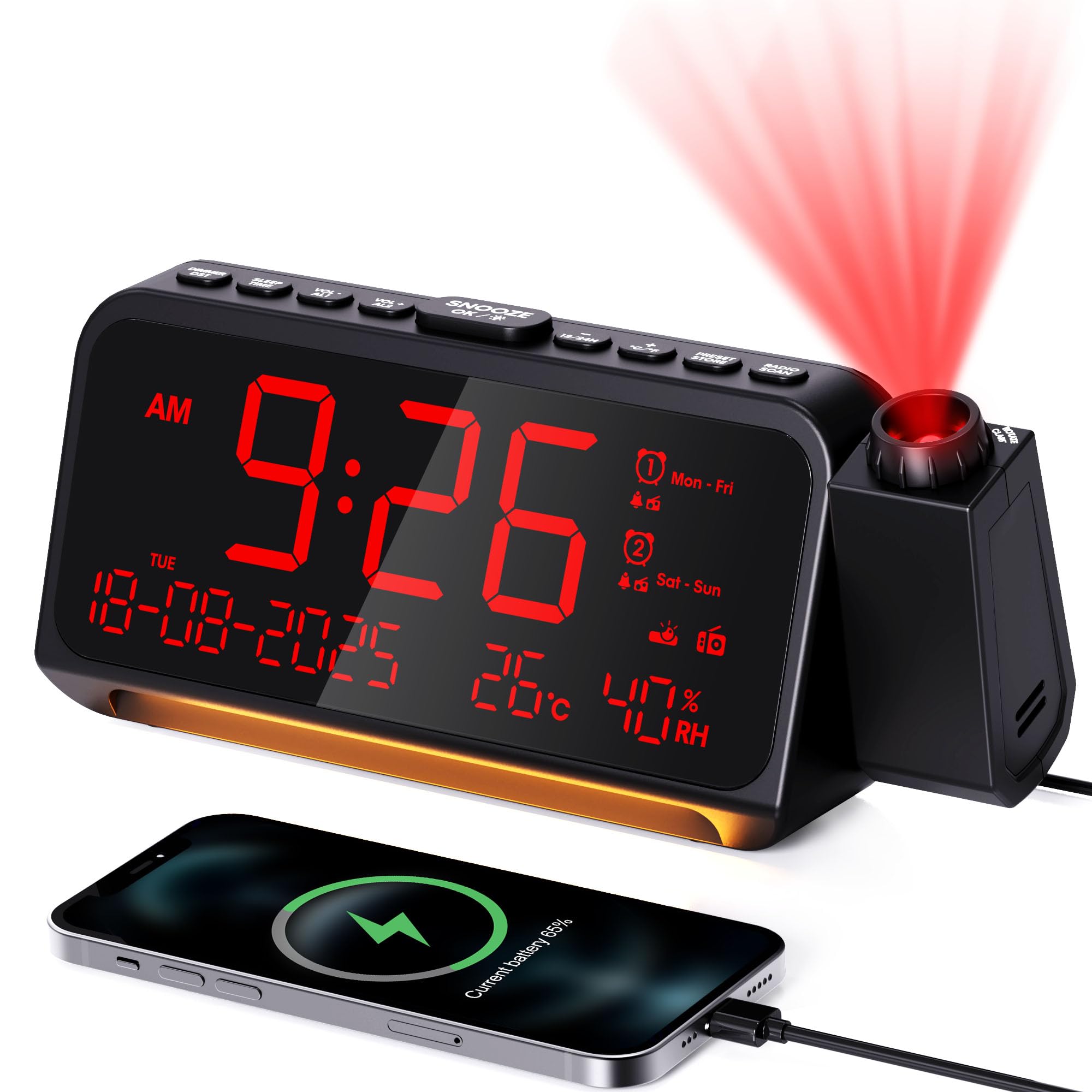 Mesqool Reloj Despertador con Radio de Proyección, Reloj Despertador Doble con Modo Día Laborable/Fin de Semana, Temperatura, Humedad, Cargador USB Tipo C, Repetición de Alarma, DST, 12/24H