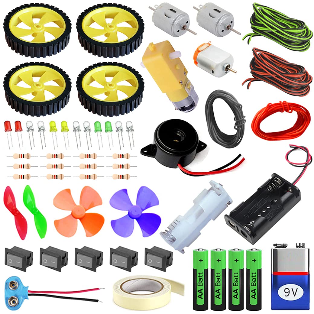 Kit4Curious Motor Wheel Kit With Power, Switch, Fan, Led, Wire, Buzzer, Holder, Tape (Multicolour)