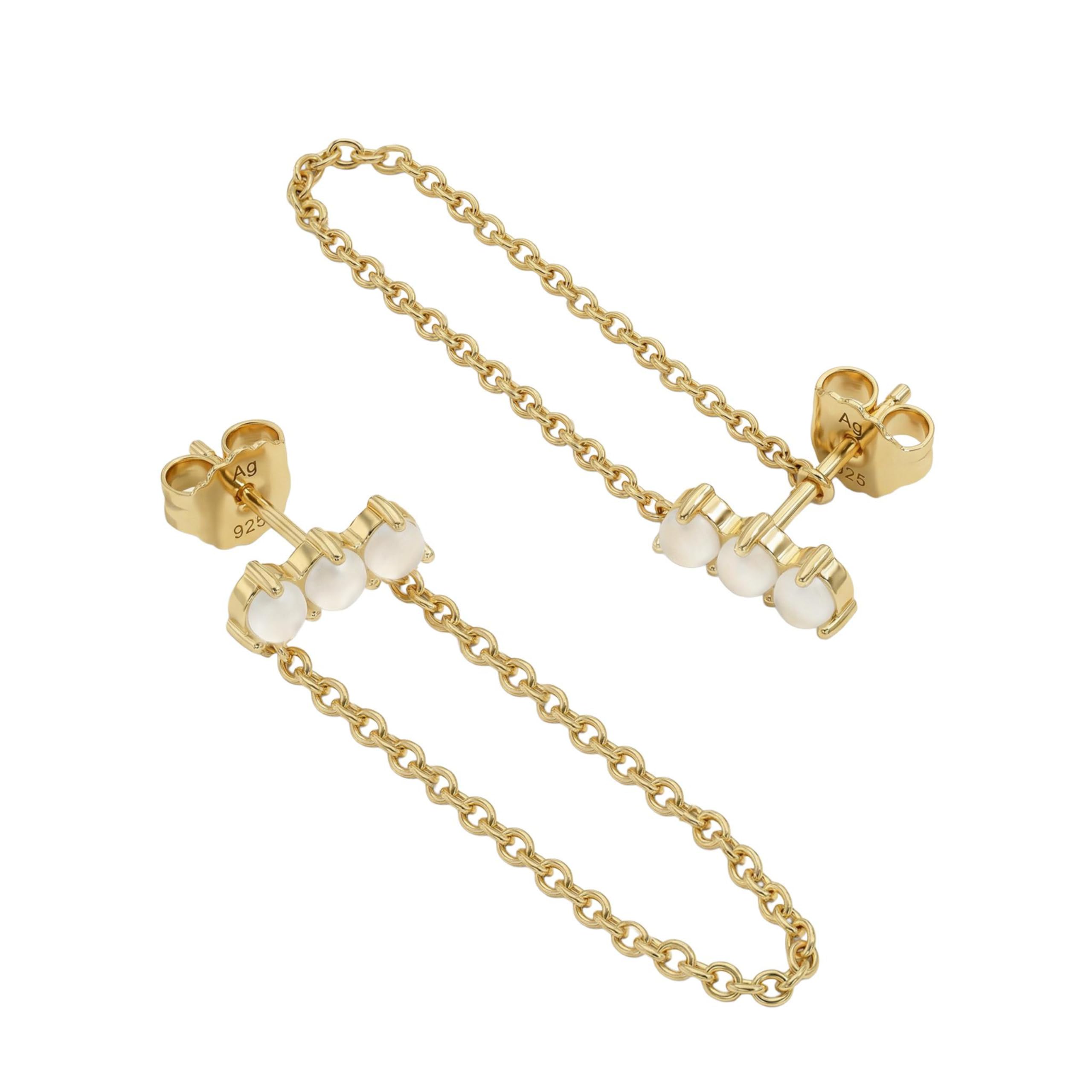 NOELANI - Pendientes de botón para Mujer en Plata 925 - Chapados en Oro/Dorado - con Calcedonia - Cadena Pendiente de Botón - NOE-E0024