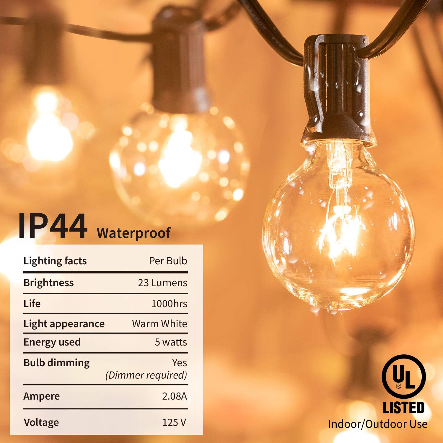 Outdoor String Light 50Feet G40 Globe Patio Lights with 52 Edison Glass Bulbs(2 Spare), Waterproof Connectable Hanging Christmas Lights for Backyard Porch Balcony Party Xmas Decor, E12 Socket, Black