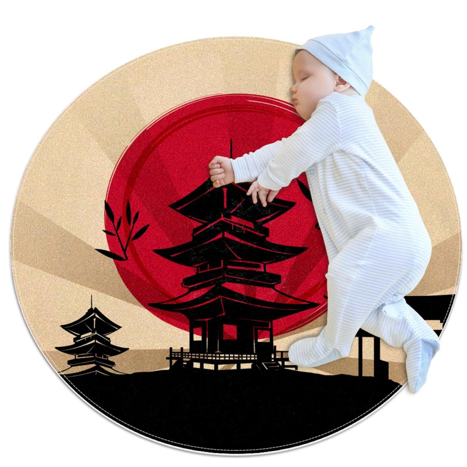 Tapis de salle de bain antidérapant rond 1m au motif de temple japonais pour chambre