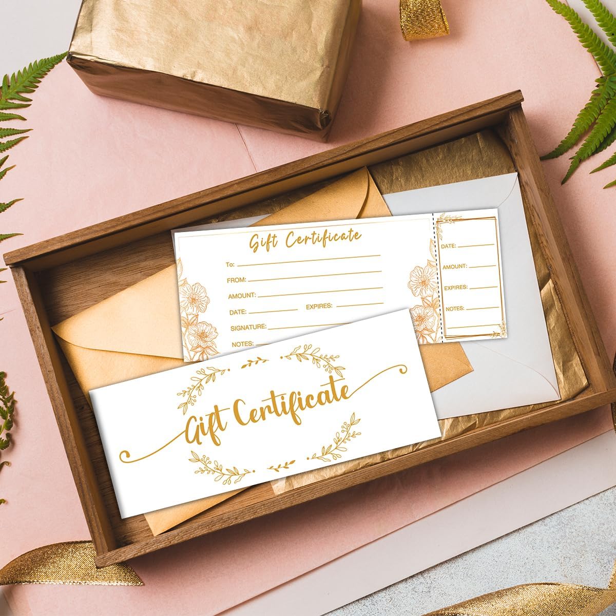 50 SETS Gift Certificates for Business, Blank Gift Cards Certificates with Envelopes, Gifts for Salon Restaurants Spa Marriage Birthday Client Christmas Vouchers - Golden Garland - Image 7