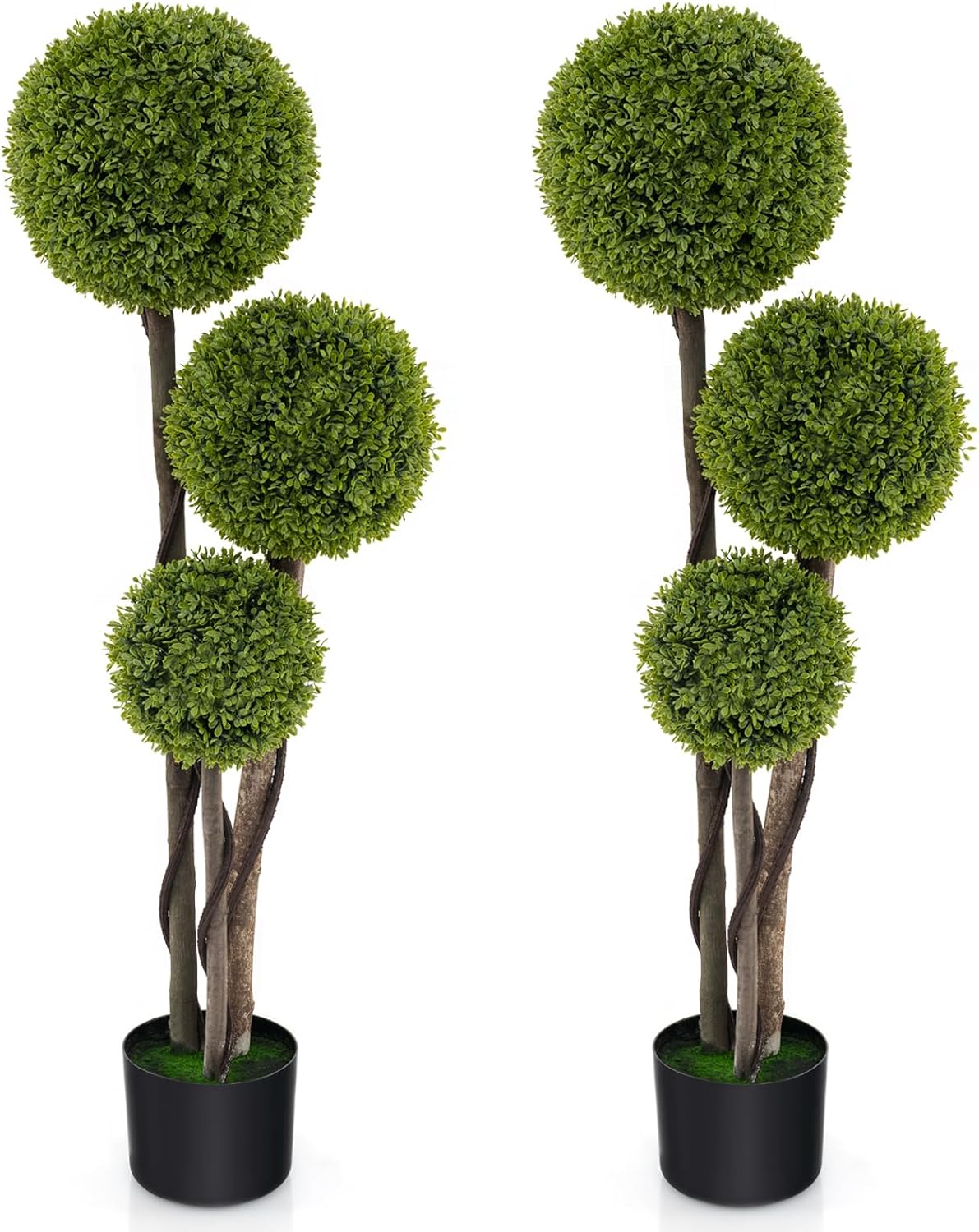 GOFLAME 4FT Artificial Boxwood Topiary Ball Tree, 2 Pack Faux Triple Ball Topiary Tree in Nursery Pot, Potted Boxwood Plant with Rattan Trunk, Lush Mosses, Indoor Outdoor Shrub Plant for Home Porch