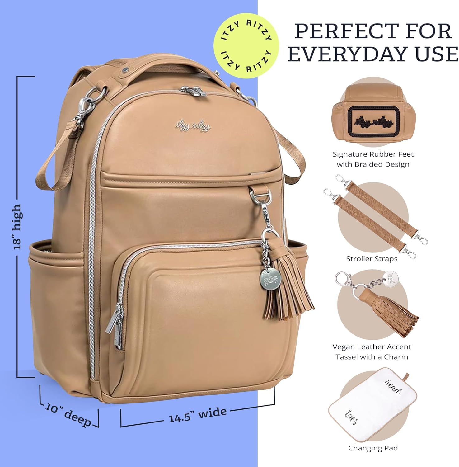 Itzy Ritzy Diaper Bag Backpack – Large Capacity Boss Plus Baby Backpack Diaper Bag Featuring 19 Pockets, Changing Pad, Stroller Clips, and Comfortable Straps (Chai)