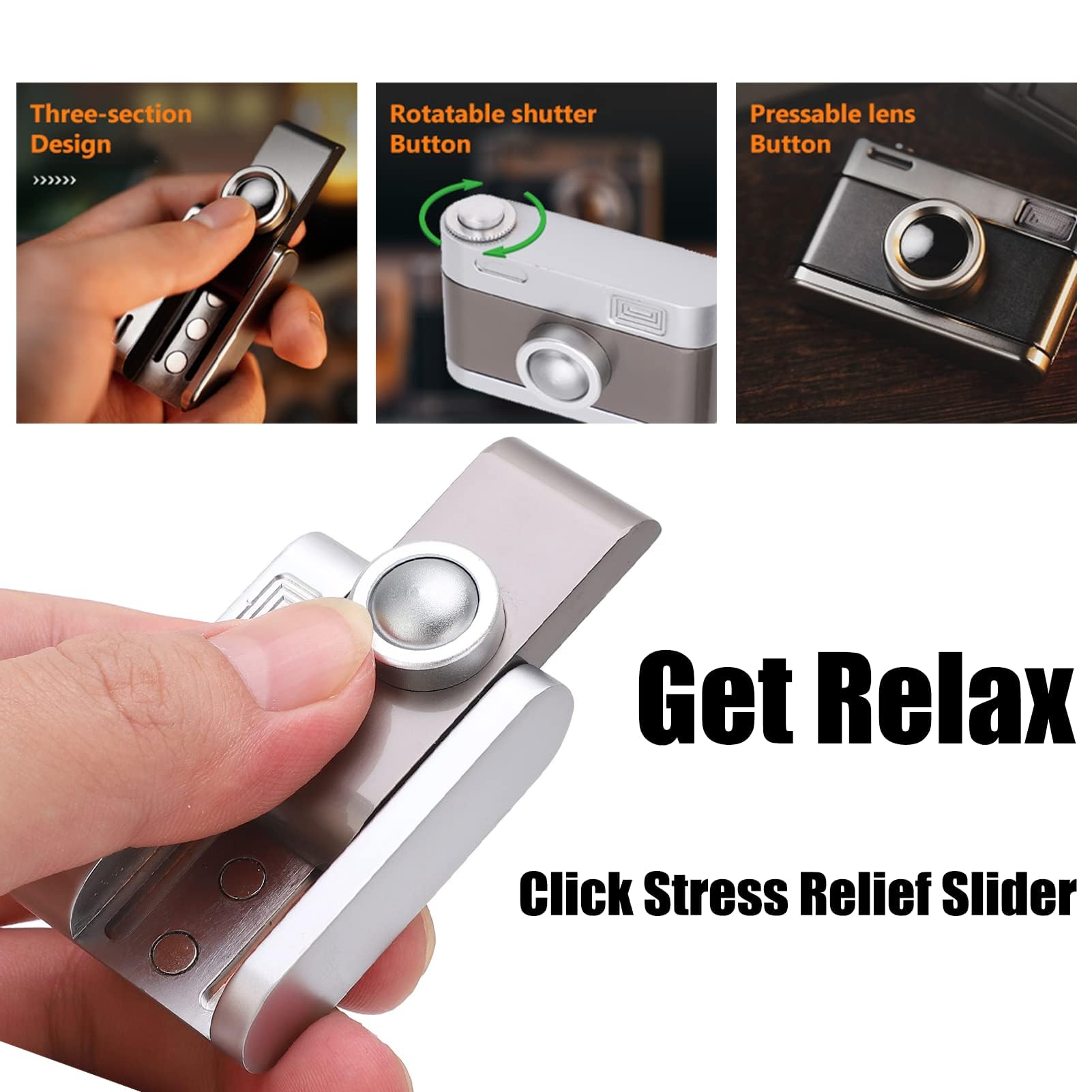 Dpofirs Fidget Slider Push Slider Fidget Clicker Fidget Toys, Jouet en Forme de Caméra TDAH Push Slider Jouet Adulte Métal Presse anxiété Soulagement du Stress Curseur