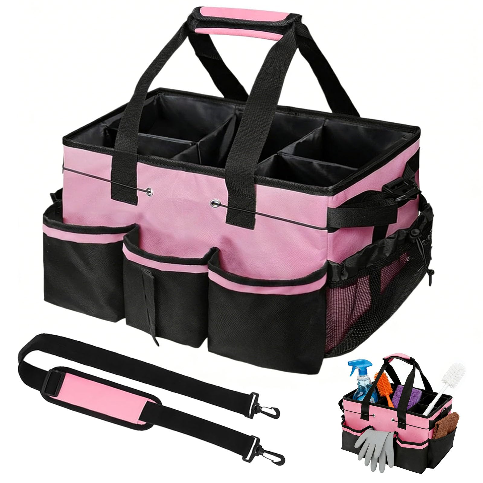 Cleaning Caddy Bag with Handle, Clean Caddy Organizer Bag with Removable Dividers, Large Multi Pocket Bucket Tool Bags, for Cleaning Supplies, Garden, Home (Pink)