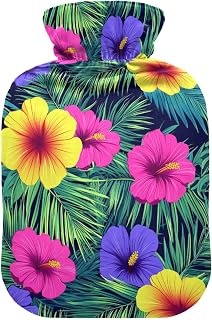 Hawaiian Style Tropical Flowers Palm Leaves Bright Neon Colors Travel hot Water Bottle with Soft Cover, 2L hot Compress for Arthritis, Arthritis, Bolsa de agua Caliente para el Dolor