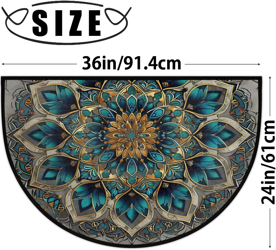 Half Round Door Matblue Mandala Ethnic Non Slip Absorbent Semi Circle Area Rugs Washable Half Moon Floor Mats for Indoor Outdoor Patio Kitchen Bathroom Entryway Fireplace Home Carpet Decor