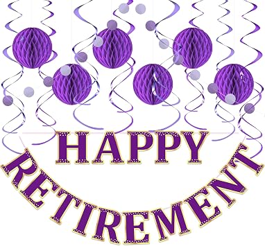 Purple Retirement Party Decorations Kit - Banner & Hanging Decor | pre-assembled sign with honeycomb paper balls, shiny metallic swirls, circle stream, instant setup photo backdrop