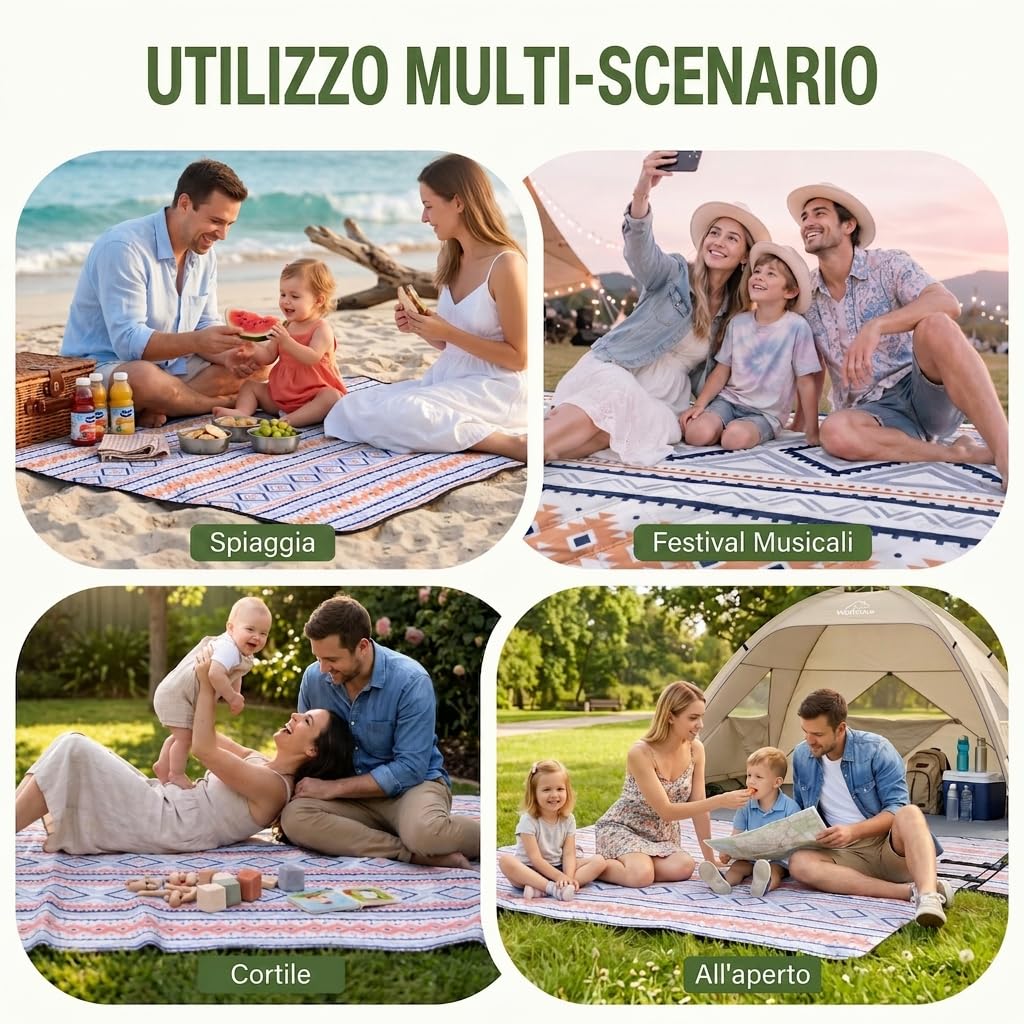 WolfWise Telo Picnic Impermeabile, Stuoia Campeggio 200x200 cm Pieghevole con Cinghie Regolabili e Tracolla, Picnic Blanket per Giardino, Prato, Spiaggia, Viaggi e Escursioni, Blu