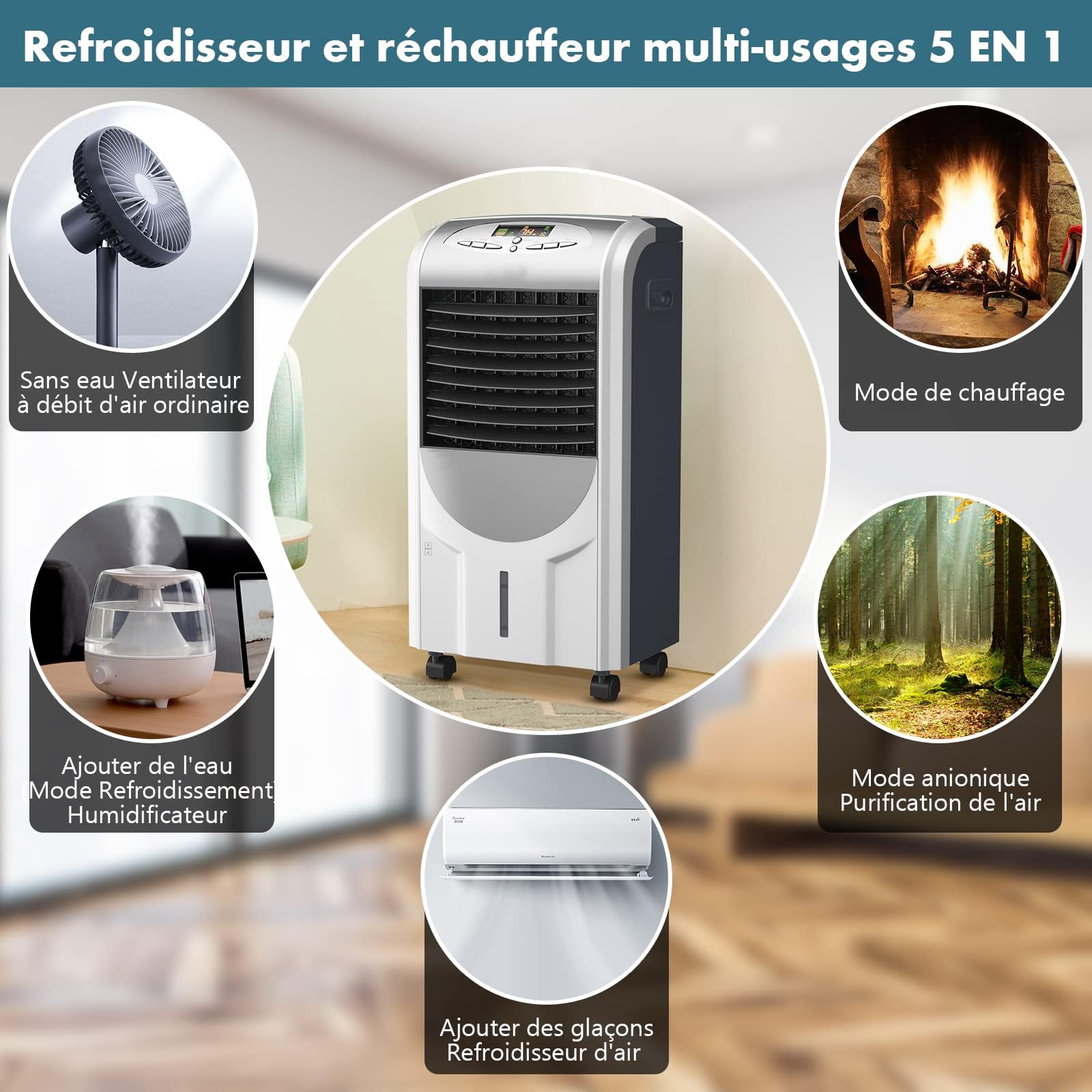 RELAX4LIFE 5 en 1 Rafraîchisseur d'Air Mobile Silencieux | Froid/Chauffage/Vent/Déshumi/Purification | Climatiseur Mobile sans Évacuation | Réservoir 7L | Oscillation | 3 Vitesses | Mini Clim Portable