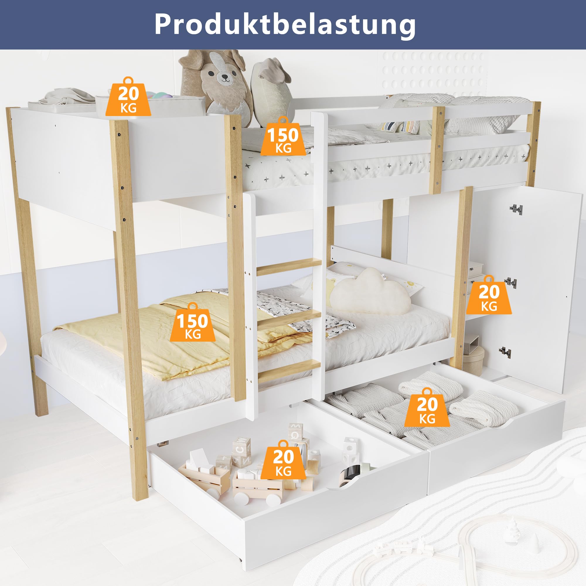 ZYLOYAL10 Lit Superposé, 90 X 200 Cm, Polyvalent, En Bois Massif