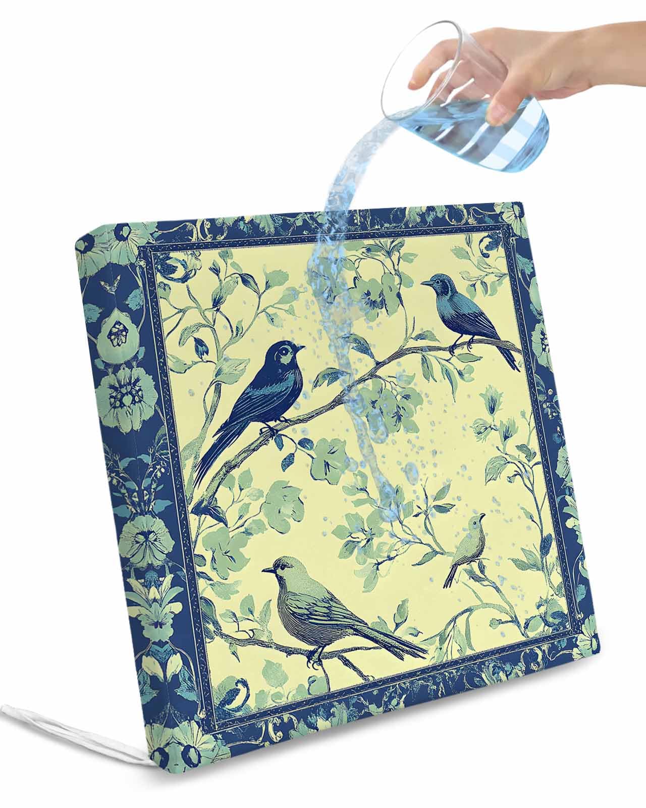 2 Pack Vintage Bird Floral Waterproof Cushion Covers with Ties, Outdoor Patio Chaise Lounge Chair Seat Cushion Slip Covers Replacement(Only Cover) Yellow Blue Branch 22