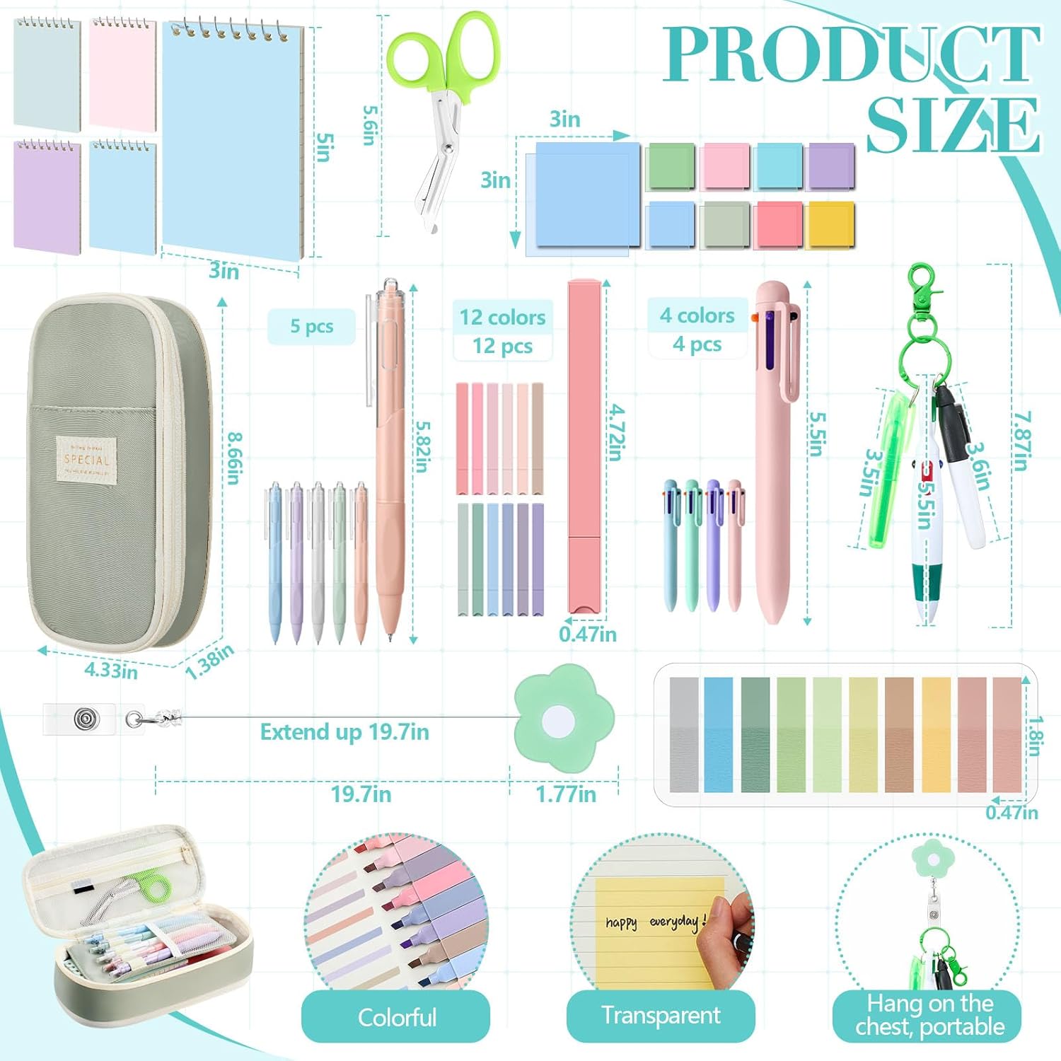 Jutom 50 Pcs Nursing School Essentials for Students Aesthetic Stationery CNA Gift Include Medical Scissors Badge Reel Transparent Sticky Notes Pens Notebook Pencil Case Highlighter Label(Green)