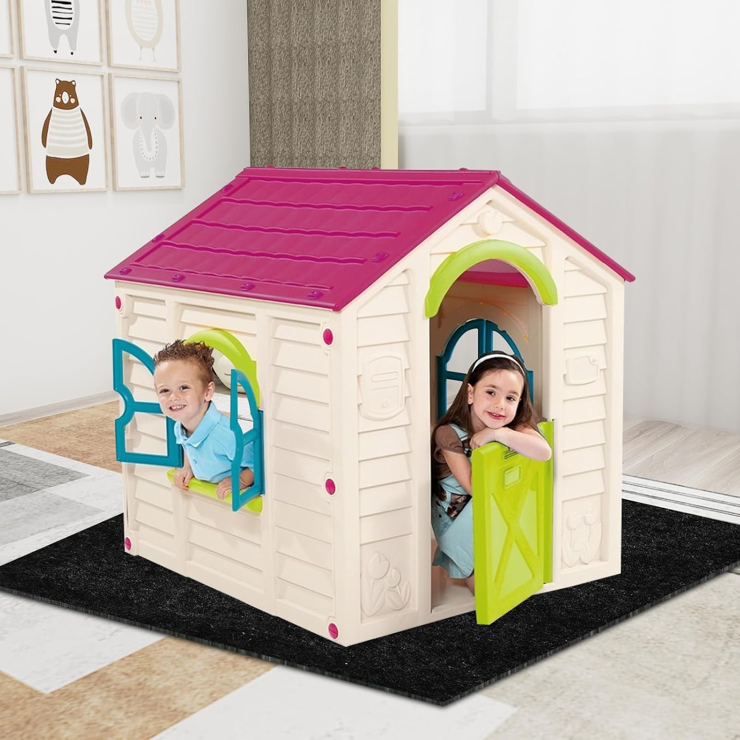 Outdoor Playhouse Mat, 51'' x 47'' Felt Outdoor Playhouse Activity Rug with Non Slip Backing Protective Outside Game House Play Mat Home Floor Play House Pad Rug