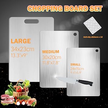 3-Piece Kitchen Titanium Cutting Boards with Non-Slip Feet Stainless Steel Chopping Board Set, Reversible Cutting Board for Home Kitchen Cooking Meat, Vegetables, Bread Baking Board