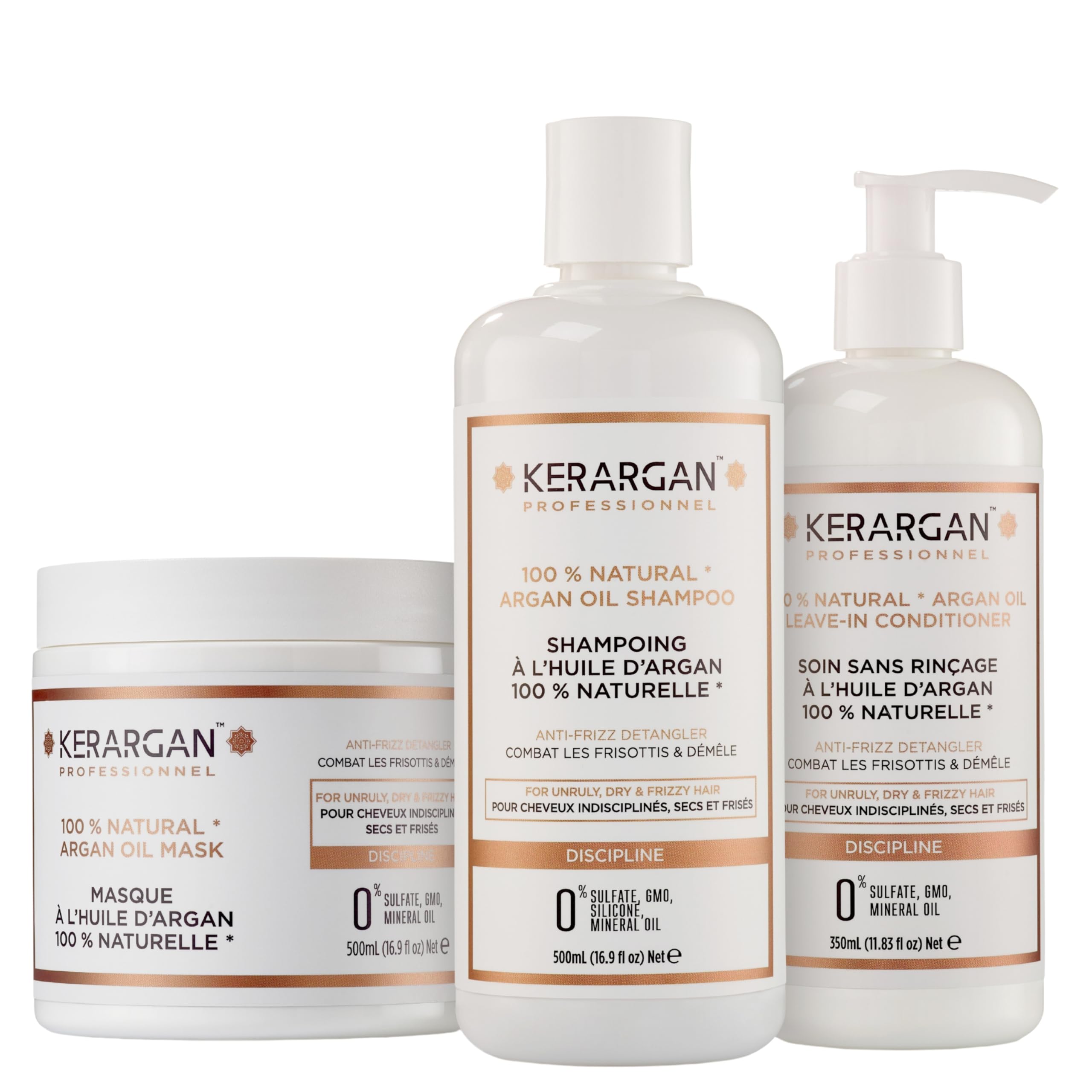 Kerargan - Trío Disciplinante Champú, Mascarilla & Leave In con Aceite de Argán para Cabellos Indisciplinados, Secos y Rizados - Combate el Frizz & Desenreda - Sin Sulfatos, GMO,Silicona-2x500ml+350ml | Champú, mascarilla y acondicionador sin aclarado, ru