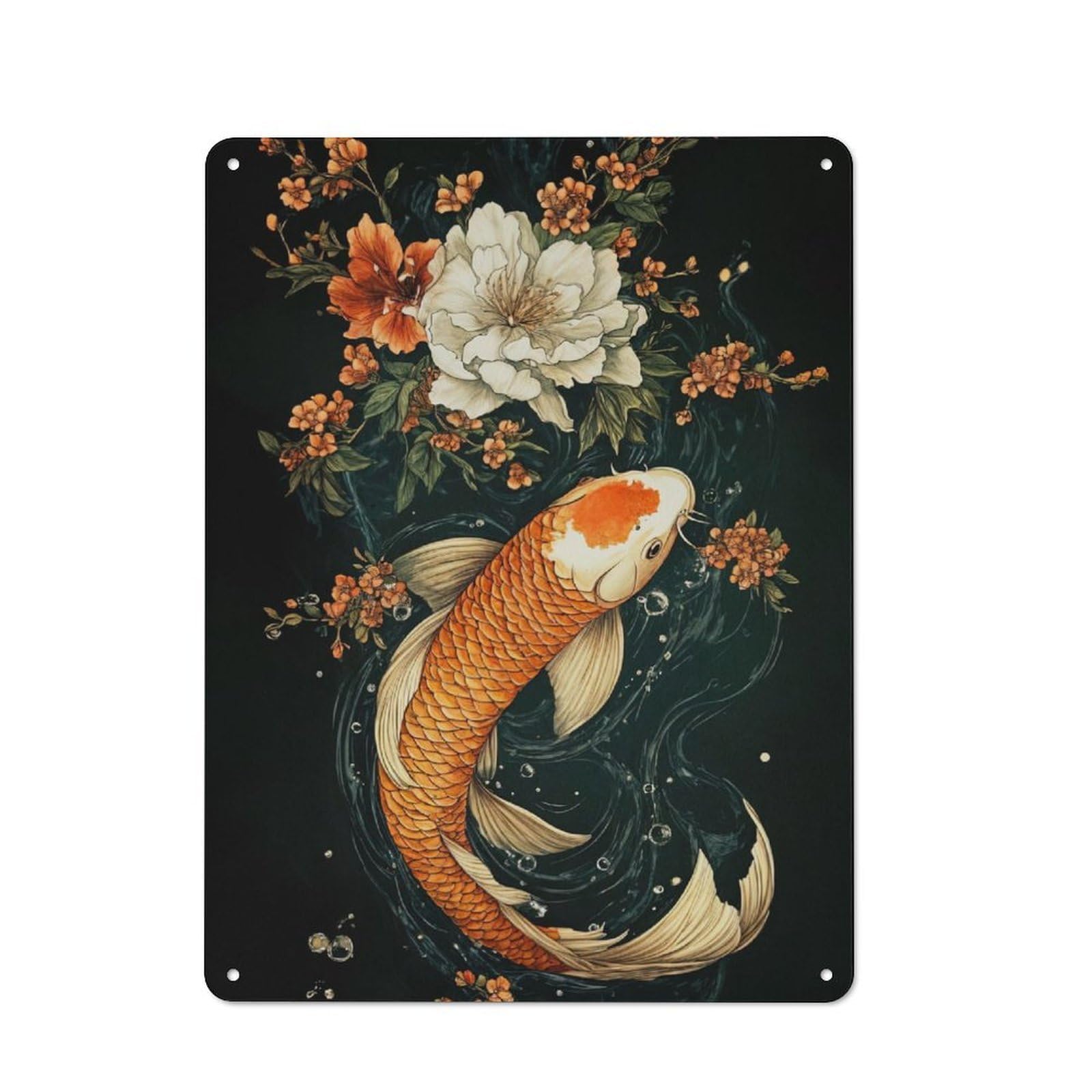 Junmoney Koi Fish With Flowers Metal Wall Sign 40X30cm Featuring For Home Bar Wall, For Themed Interiors In Home Bars And Entertaining Spaces