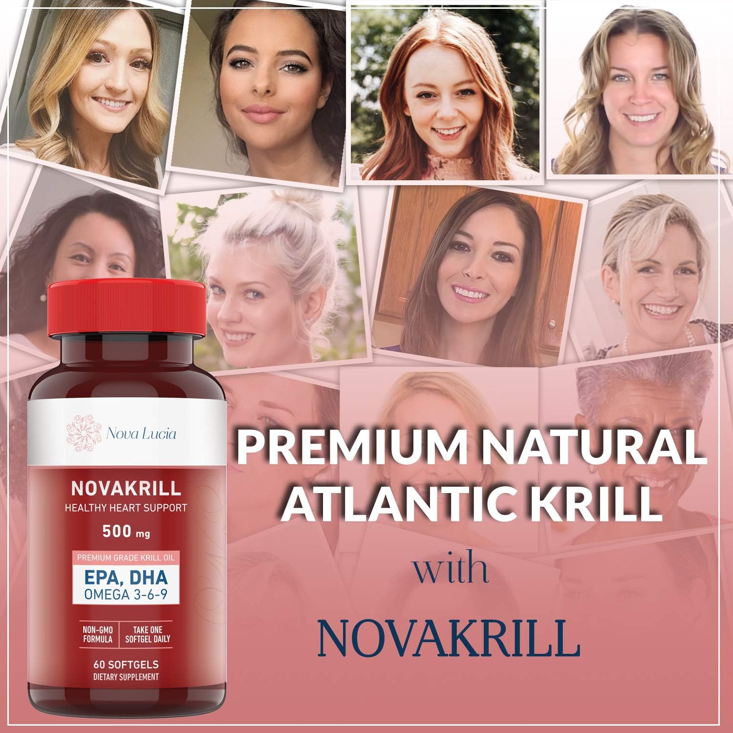 NovaKrill Krill Oil Omega 3 Supplement – 1000mg Softgels with EPA, DHA, Astaxanthin – No Fishy Aftertaste – Easy to Swallow Antarctic Krill Oil – 60 Liquid Capsules