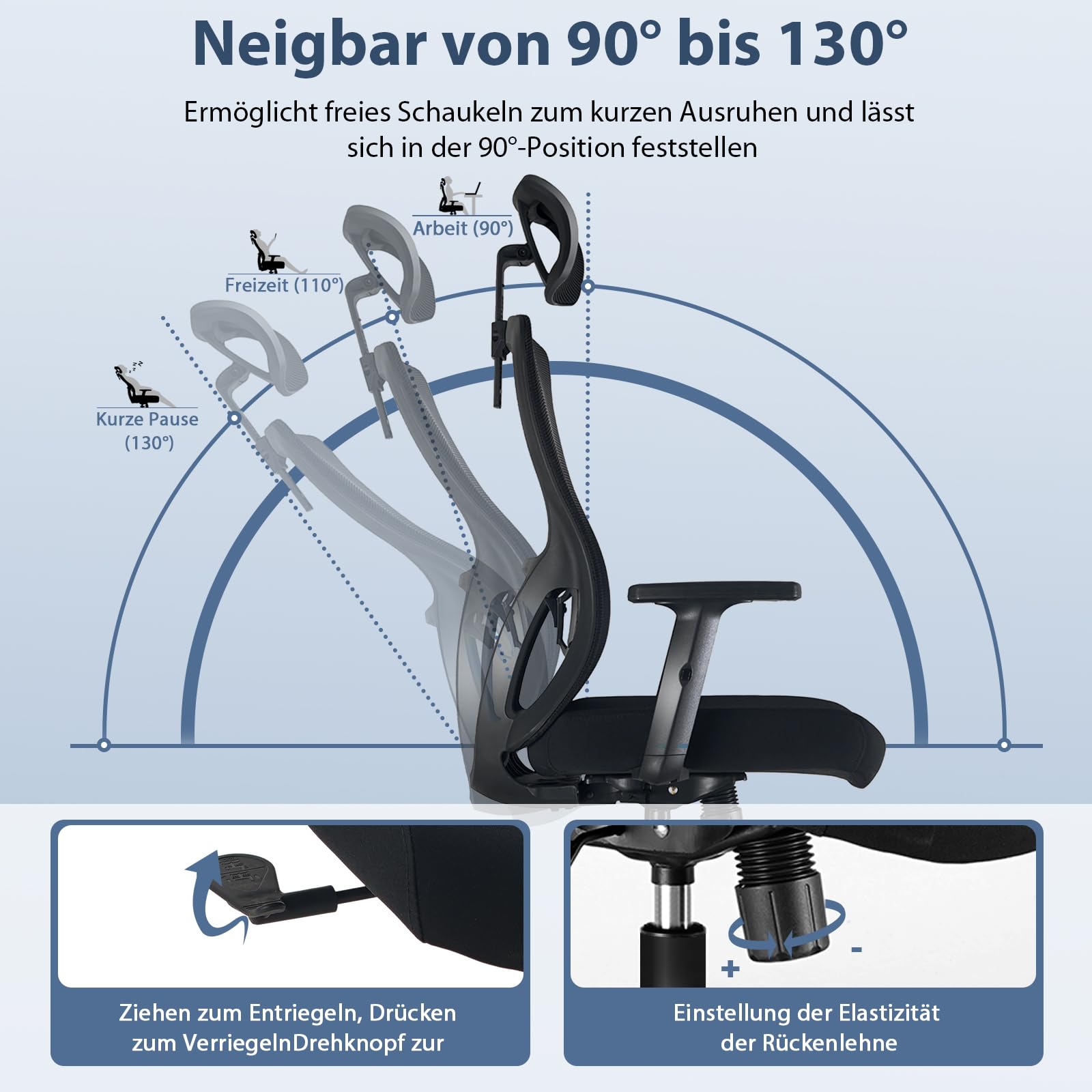 Durrafy Ergonomischer Bürostuhl, Bürostuhl 150 kg belastbar mit Verstellbarer Lordosenstütze und Kopfstütze, Netzstuhl Schreibtischstuhl mit 90°-130° Liegefunktion, Drehstuhl für Home Office, Schwarz