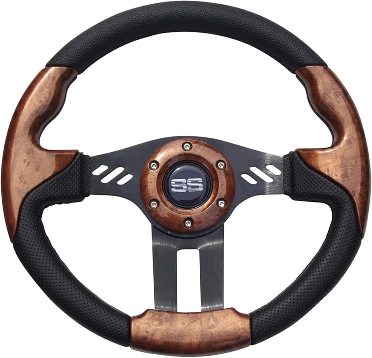 Huskey Trooper Woodgrain Steering Wheel Compatible with Yamaha Gas Electric Golf Carts/Black Spokes Carbon Fiber Texture Grip W/Matte Black Hub Adapter 5/6 Holes Pattern
