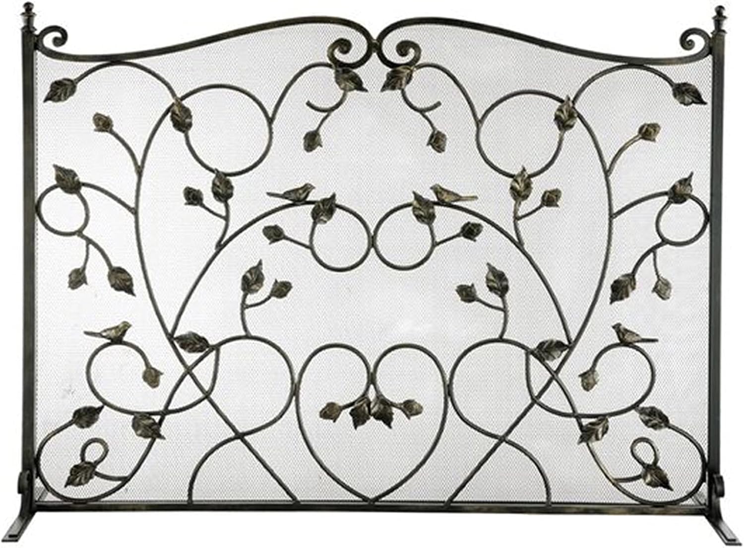 Fireplace Screen Guard - Flat Panel Iron Fire Guard with Decorative Leaves & Birds, Spark Flame Barrier, Free-Standing Mesh Cover for Wood/Coal Stoves