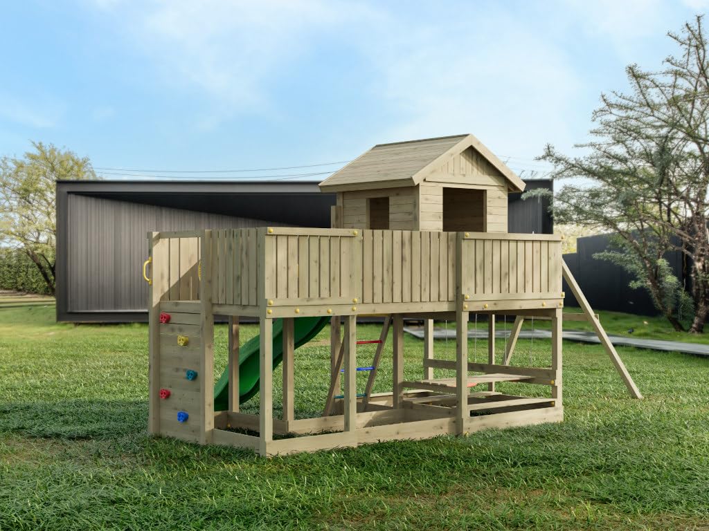 Longstepper Stelzenhaus Grün 575x300x275 cm, Kesseldruckimprägniertes Garten Spielhaus, Inklusive Doppelschaukel Rutsche Kletterwand Und Picknicktisch, Robustes Holz Spielgerät Für Den Garten, 0 x ...