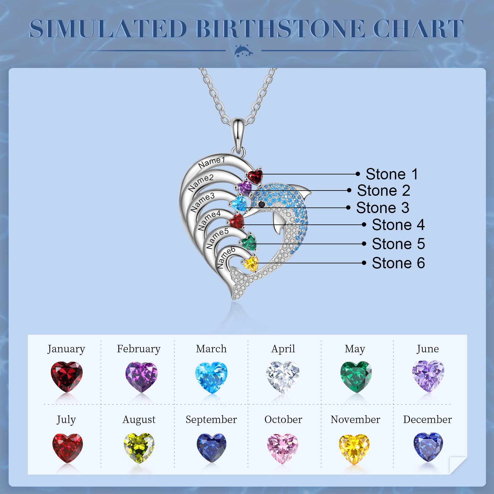 ALBERTBAND Collar Personalizado Delfines Forma de Corazón con 2-8 Nombres Colgante de Piedra Natal Grabada para Mujer Collar de Promesa Familiar para Joyería del día de San Valentín