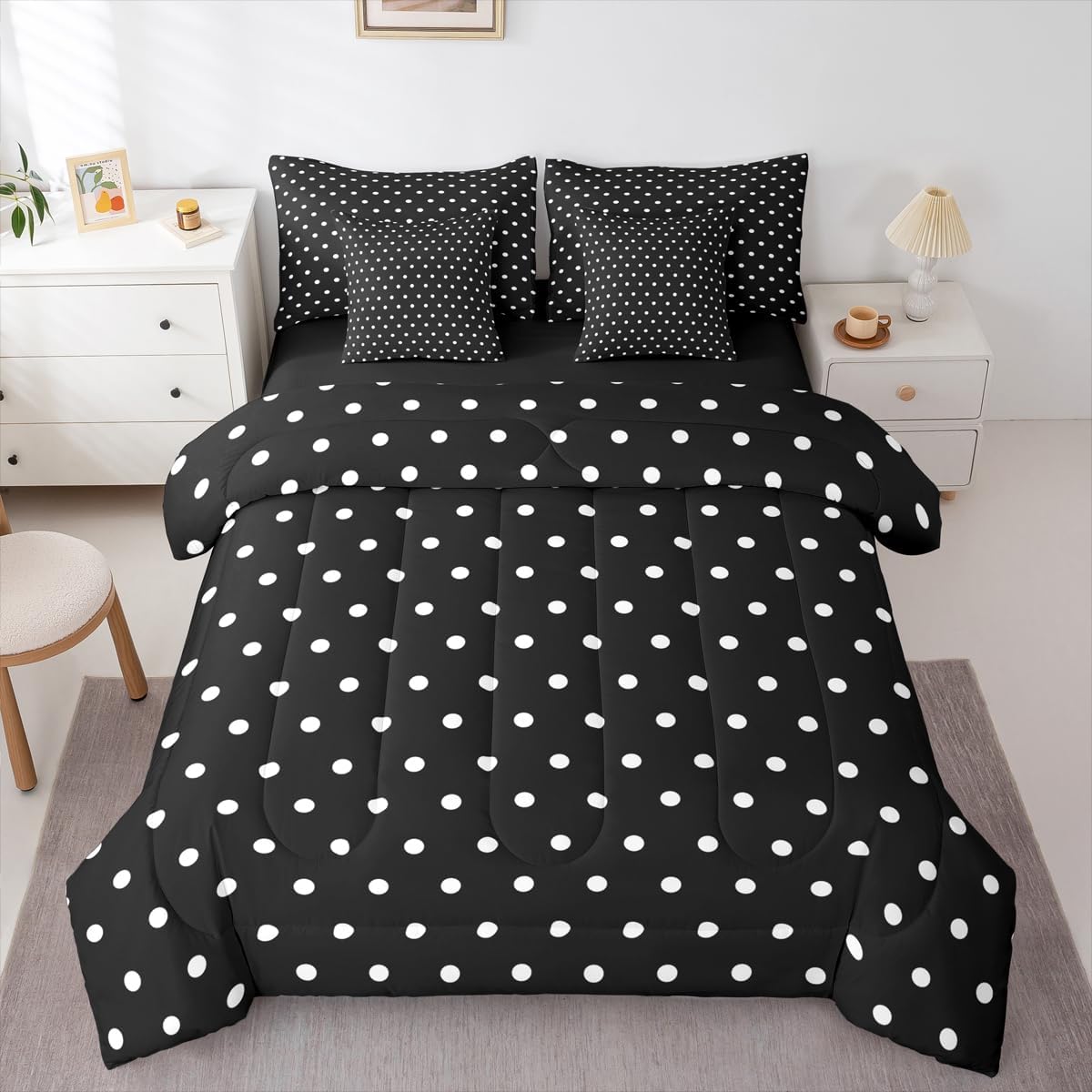 Black White 7 Piece Bedding Set Full Size Kids Polka Dots Comforter Set with Sheets,Pillowcases & Cushion Cover for Boys Girls Teens Abstract Bed in a Bag Breathable Soft Modern Room Decor