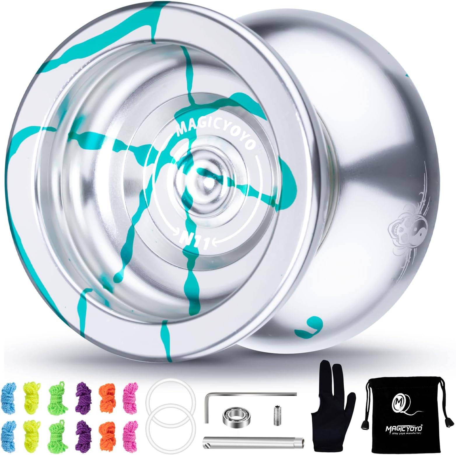 MAGICYOYO N11 Professional Unresponsive Yoyo N11 Dual Purpose Alloy Trick YoYo Ball with Bag, Glove, 12 Yoyo Strings and Responsive Bearing Kit -Silver Green