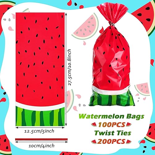 Miniatura 2 de 100 bolsas de sandía para dulces de celofán, bolsas de plástico de melón a granel con 200 lazos giratorios para regalo de fiesta de cumpleaños,
