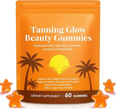 Tanning Gummies, Tanning Supplement with Beta-Carotene, Astaxanthin, Lycopene & Vitamins, Supports Skin Radiance & Hydration, Sugar Free & Gluten Free, 60 Count