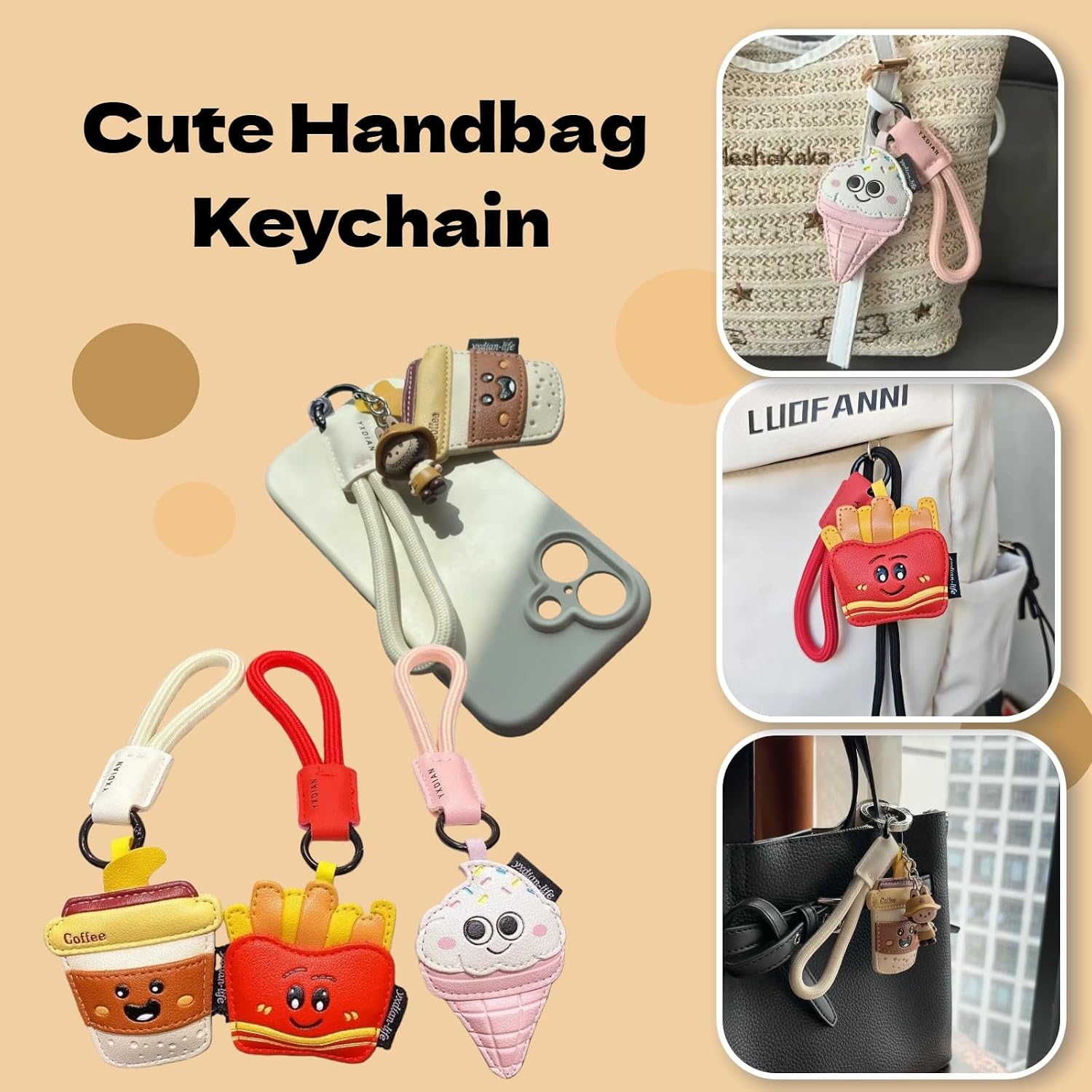 Handmade Leather Food Keychain, Cute French Fries Coffee Ice Cream Charms Snack Keyring for Car Key Handbag