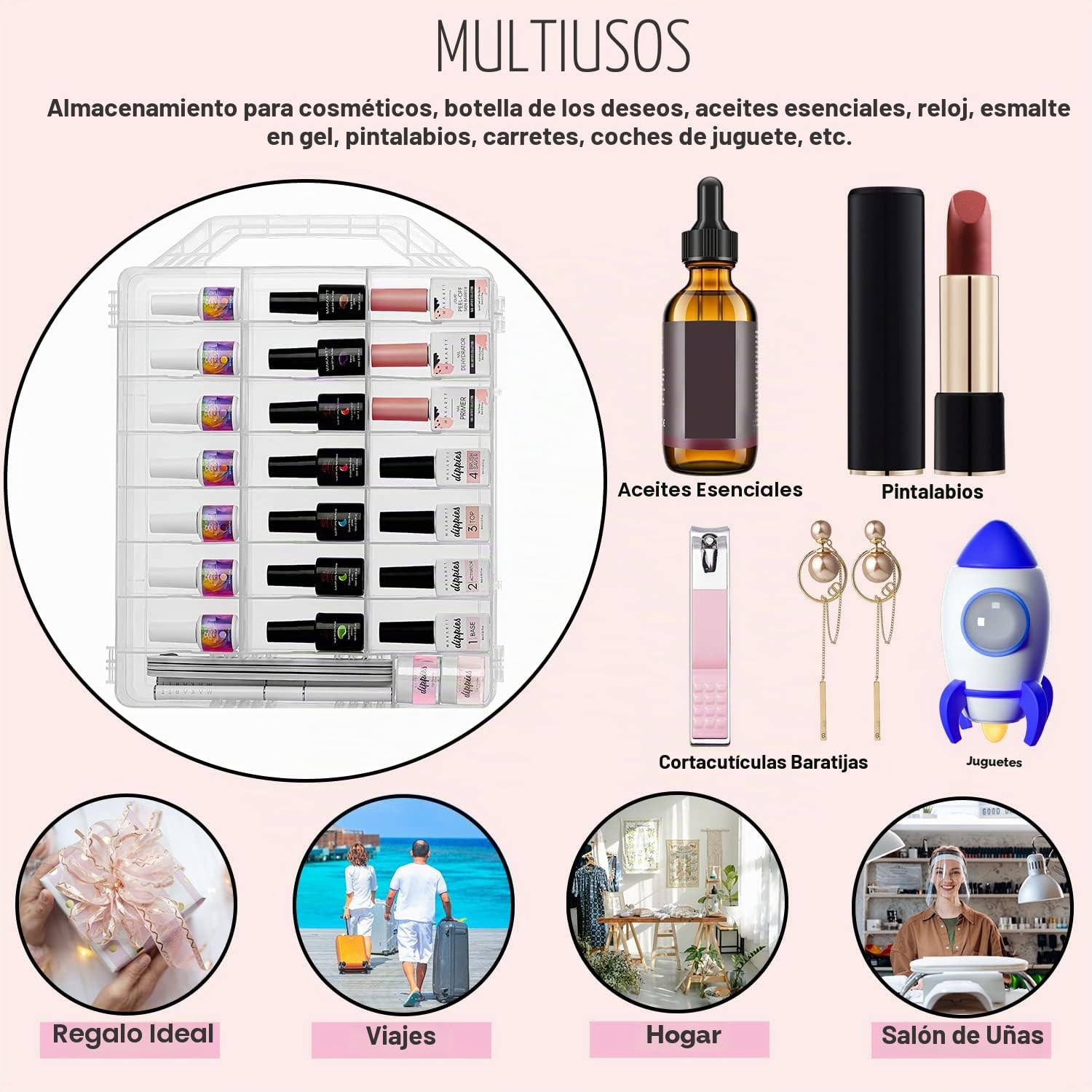 Makartt Organizador de esmalte de uñas – Soporte universal transparente para 48 botellas, estuche organizador de esmalte de uñas de gel resistente portátil con 8 separadores ajustables, ahorro de