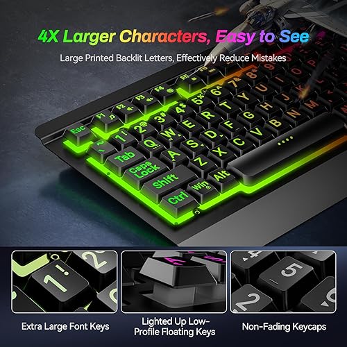 Miniatura 2 de Acebaff Teclado para juegos con retroiluminación arcoíris de impresión grande, teclado de computadora con iluminación USB con teclas de letras