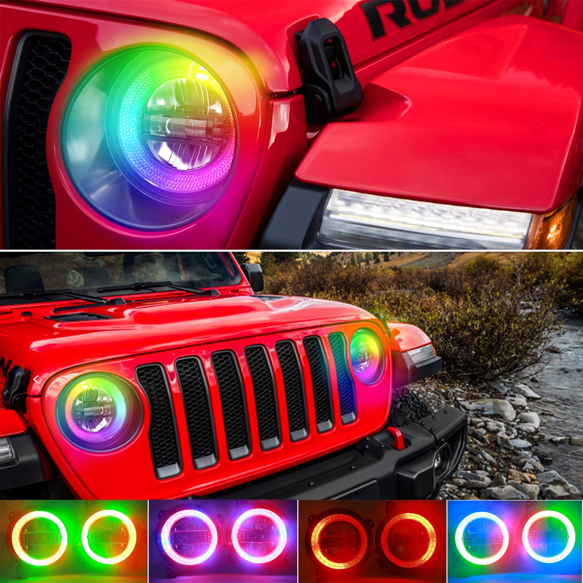 COWONE DOT Approved 9"Inch RGB Halo Led Round Headlights [DIY RGB Color] Compatible with Jeep Wrangler JL Sport Rubicon Sahara 2018-2020[Integrated Mounting Bracket]