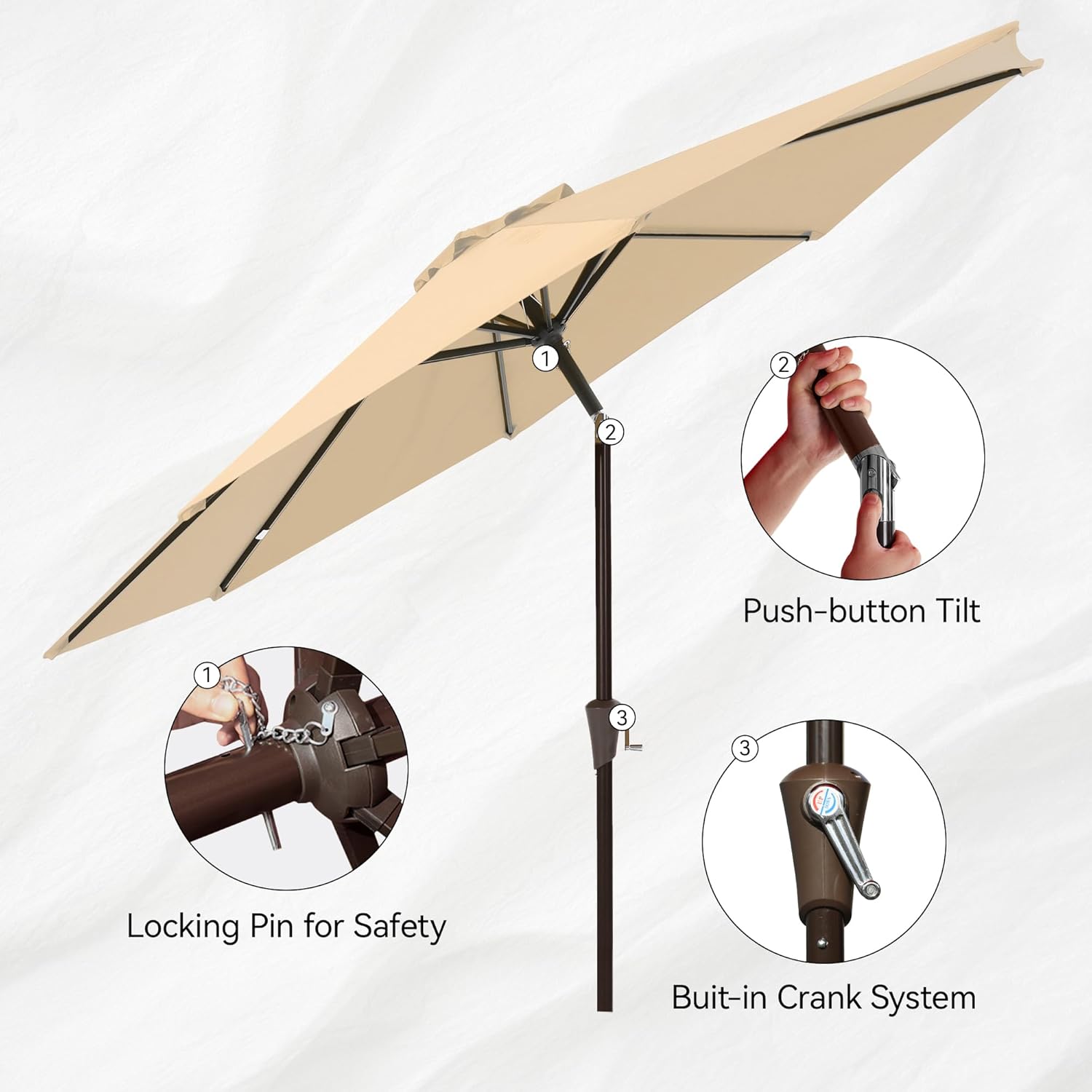 9FT Outdoor Patio Umbrella with 8 Sturdy Ribs & Push Button Tilt, Table Market Umbrella with Crank, Yard Umbrella for Garden Deck Pool Patio