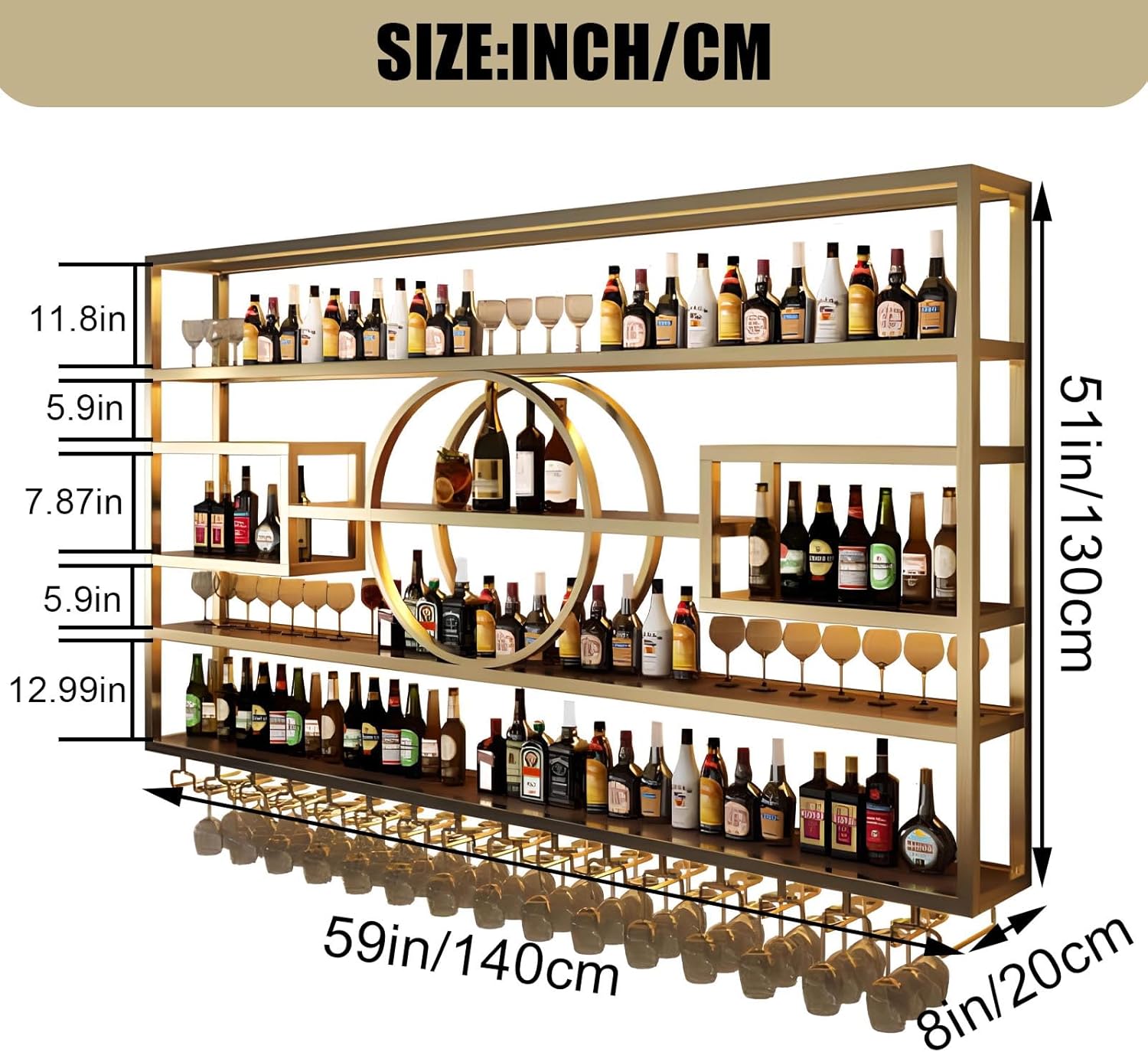 55.1in Large Wall Mounted Wine Rack, Modern Metal Wine Bottle and Glass Holder, 4-Tiers Liquor Bottles Floating Shelves Display Storage for Home Bar & Dining Room Decorative (Gold, 55.1 * 8 * 51INCH) - Image 2