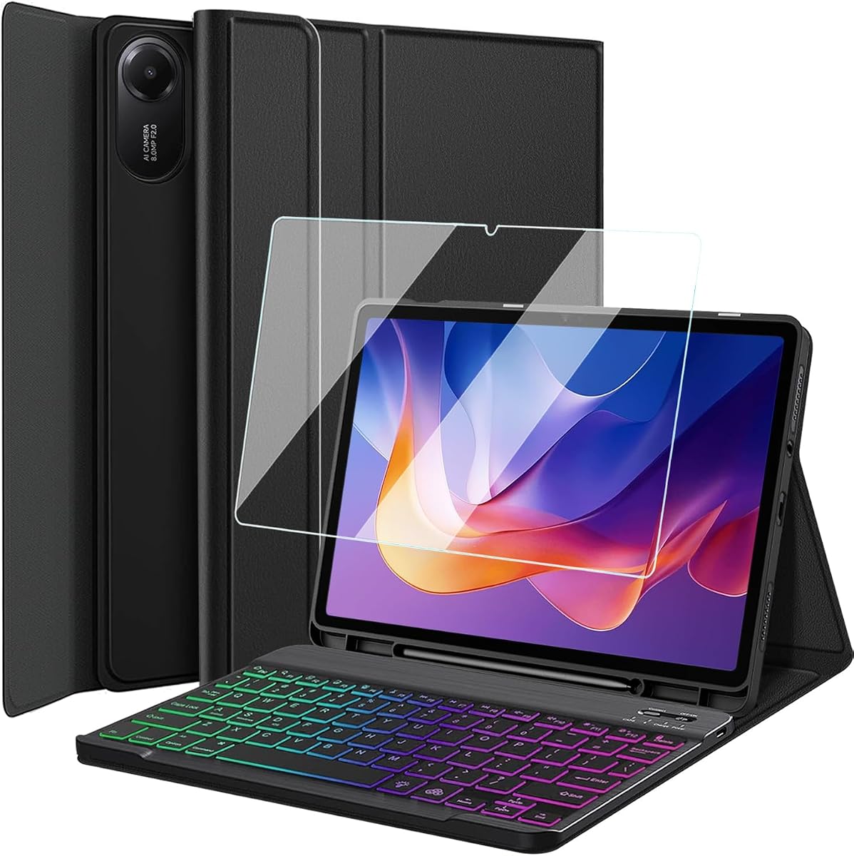 Keyboard Case for Xiaomi Redmi Pad 2 11 Inch 2025 with Pen Holder, 7 Color Rainbow Backlight Detachable Bluetooth Keyboard Cover with HD Screen Protector