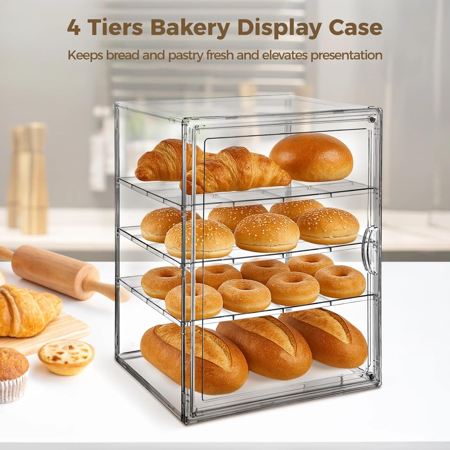 Homaisson 2 PCS Acrylic Bakery Display Cases, 4-Tier Adjustable Bread Box with Adsorptive Door, Clear Pastry Storage Container for Bread, Cupcakes, Pastry for Kitchen and Bakery Use