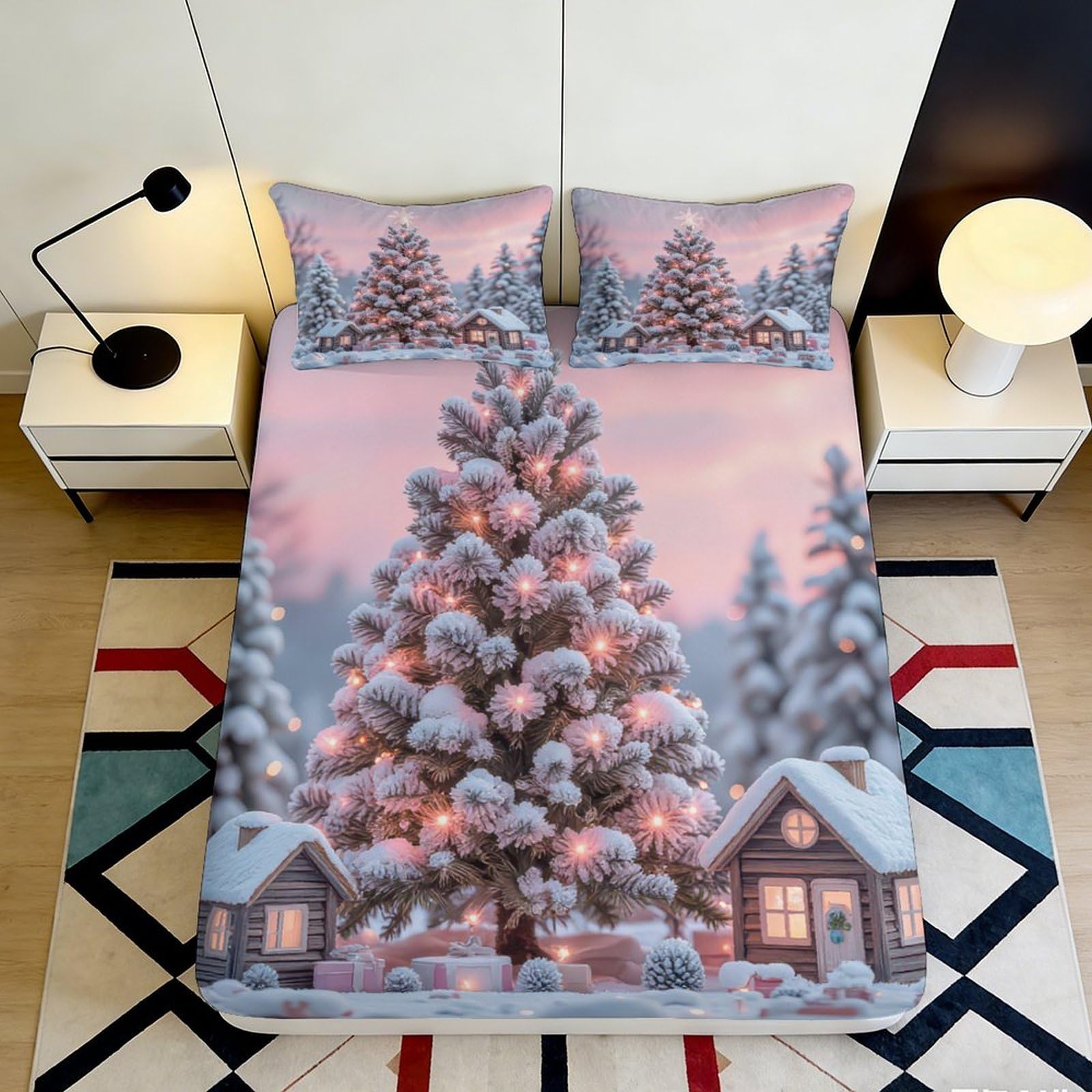 3D Printed Snowy Pine Tree Fitted Sheet Microfiber Soft Cozy Christmas Bed Cover for Bedroom Dormitory Guest Room Mattress Protection 180x200x25cm