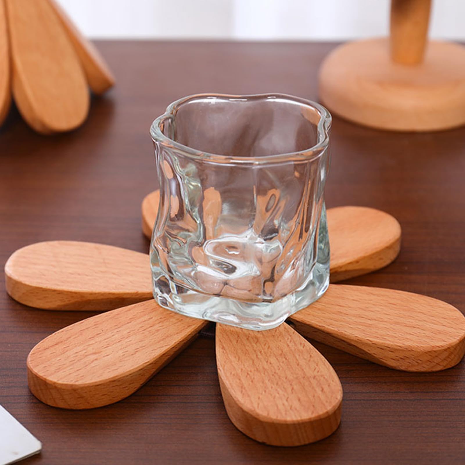 Dessous de Verre en Bois pour Arbre, Ensemble de Dessous de Plat en Bois | Ensemble de sous-verres en bois de hêtre, support d'arbre décoratif avec 3 sous-verres et 1 support pour
