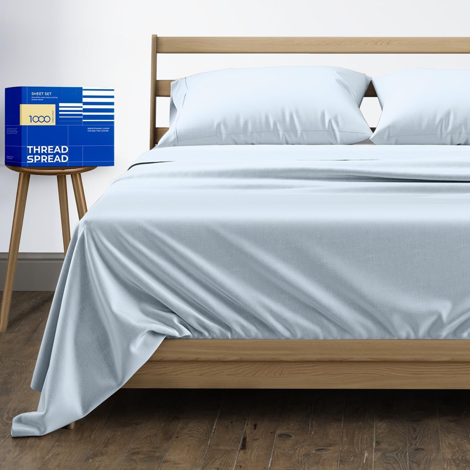 THREAD SPREAD California King Size Cotton Bed Sheets Set (Cal King, 1000 Thread Count) Light Blue Bedding Pillow Cases (4 Pc) Egyptian Quality Cotton Sheets Cal King Bed- Sateen 16 in Deep Pocket