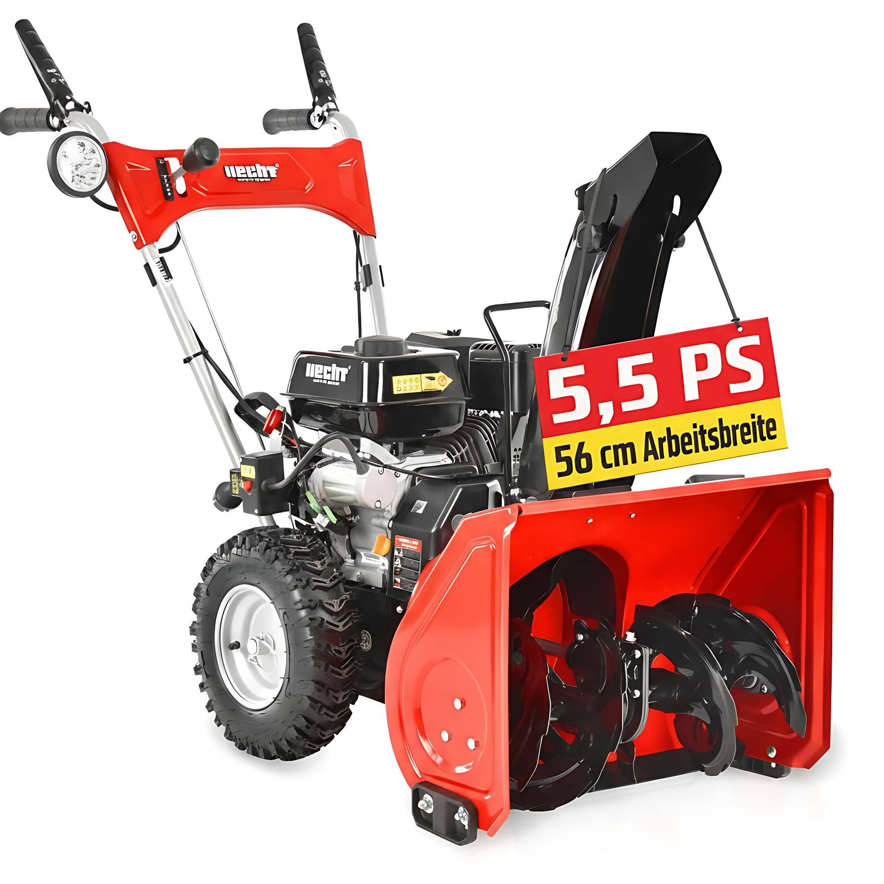 HECHT Schneefräse Benzin – 56 cm Arbeitsbreite – 2-stufig – 40 cm Arbeitshöhe – 11 m Auswurfweite – mit E-Start, 5-Gänge, LED-Scheinwerfer