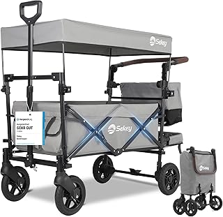 Sekey Carrinho dobrável infantil com teto para 2 crianças, 100 kg, carrinho de transporte dobrável para crianças com pega empurradora, rodas de PU à prova de choques e travões 110 L, SS5050, cinzento