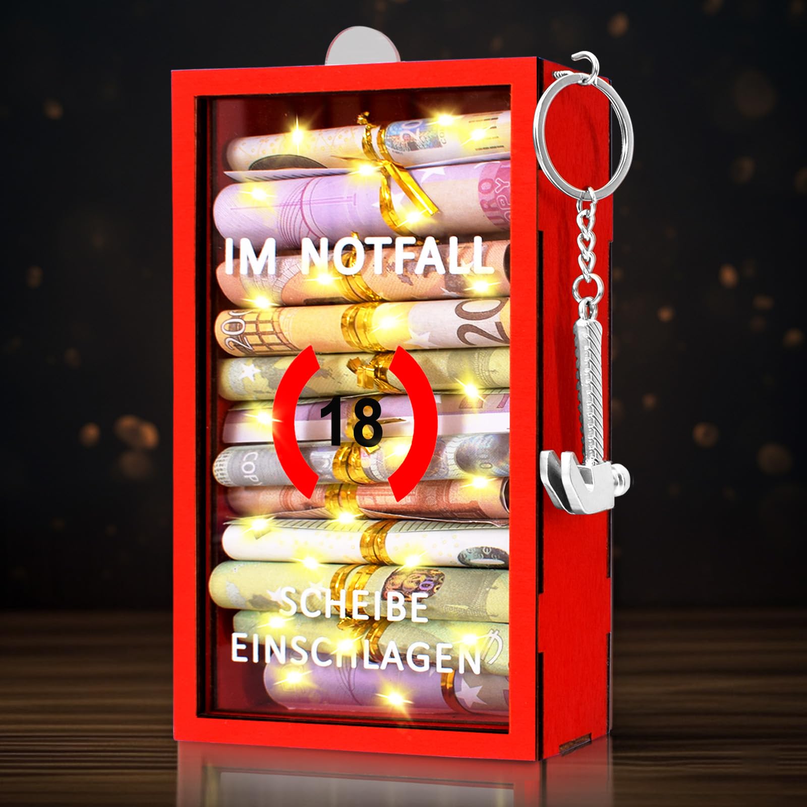 Sunwuun LED Geldgeschenke 18. Geburtstag,18. Geburtstag Junge & Mädchen,Lustige Notfallbox Geschenke mit Hammer und Lichterkette,Personalisierte Geschenke für Geld,Kreative DIY