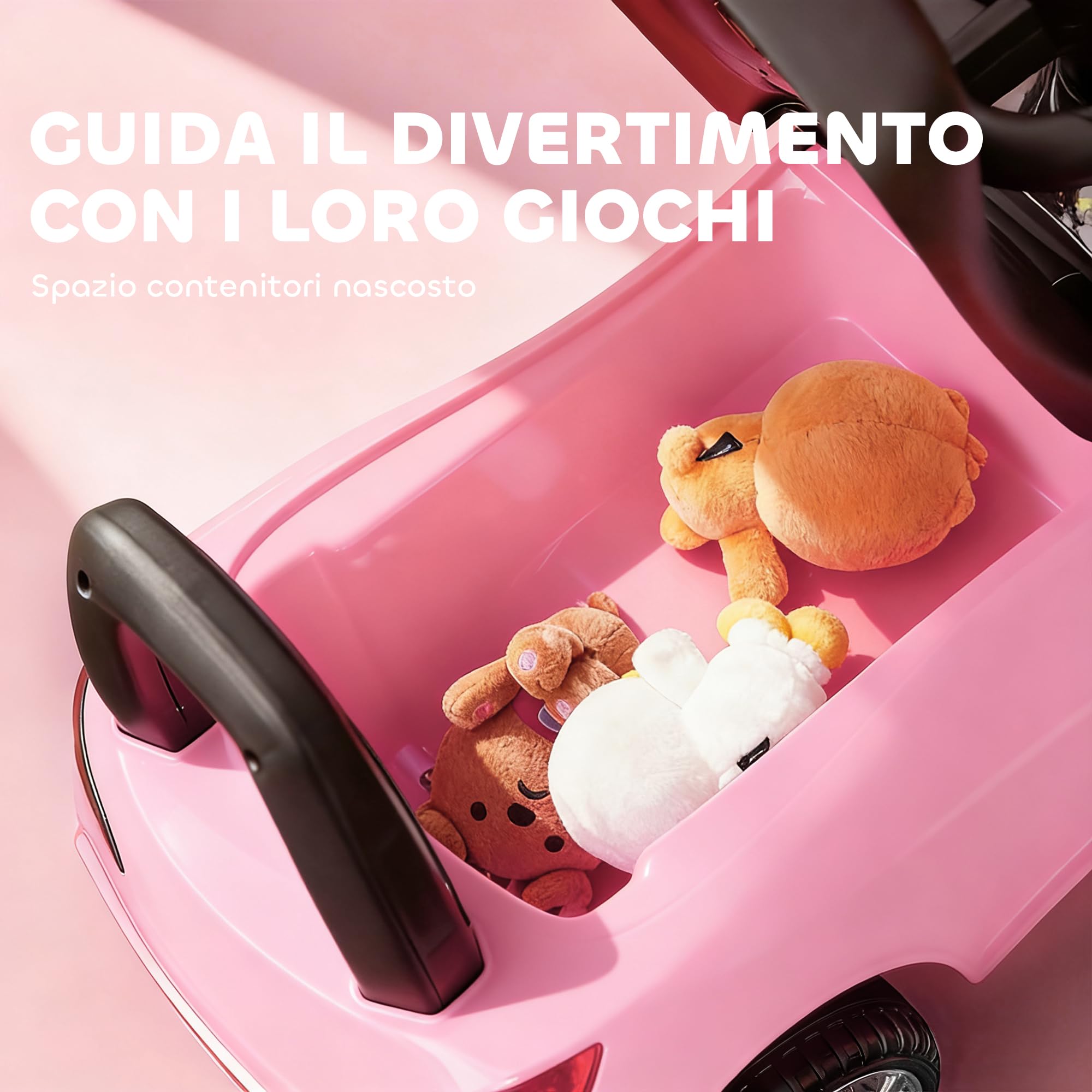 HOMCOM Coche Correpasillos para Niños de 18-36 Meses Andador Correpasillos con Faros Música Bocina Volante Espacio de Almacenaje y Asa para Empujar 63,5x28x36 cm Rosa
